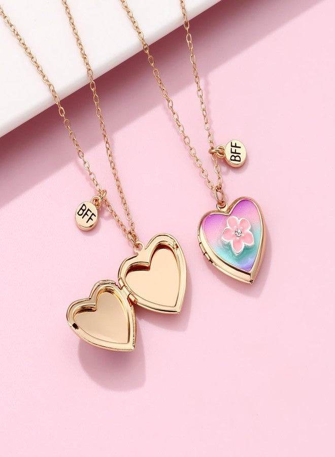 Cykdohy Rainbow Flower BFF Friendship Necklace Cute Heart Pendant Locket Picture Necklaces Set Of 2 Photo Secret Inside Storage Matching Birthday Graduation Jewelry Gifts for Sister Besties Daughter Best Friend Forever Women - Image 3